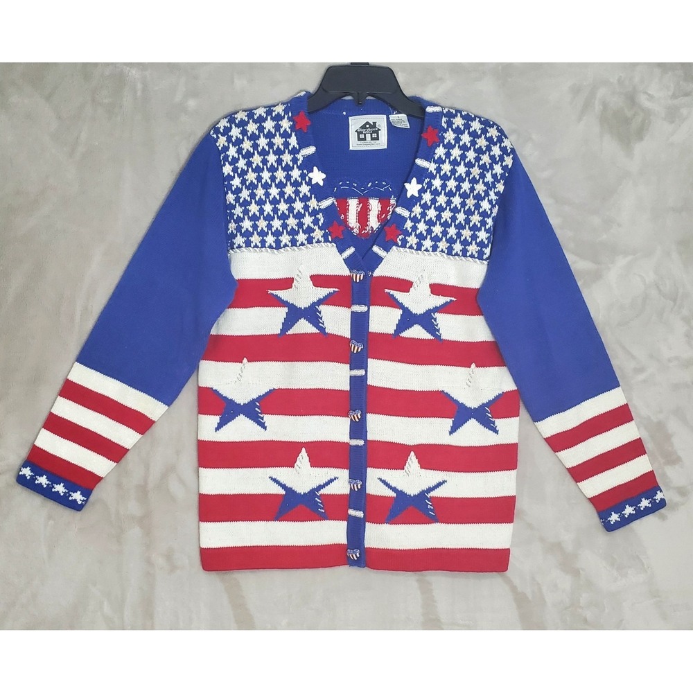 VTG Storybook Knits Sweater Womens S Patriotic Americana RARE Stars Flag 90s USA